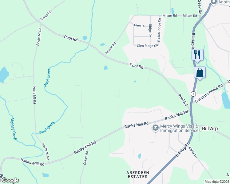 map of restaurants, bars, coffee shops, grocery stores, and more near 7350 Banks Mill Road in Douglasville