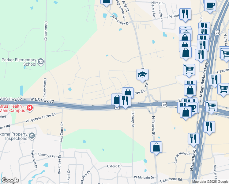 map of restaurants, bars, coffee shops, grocery stores, and more near 325 West US Highway 82 in Sherman