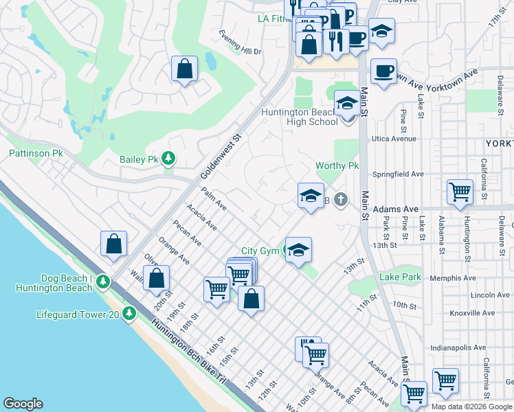 map of restaurants, bars, coffee shops, grocery stores, and more near 19857 Saltwater Circle in Huntington Beach