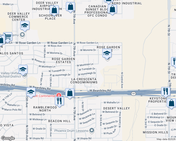 map of restaurants, bars, coffee shops, grocery stores, and more near 502 West Hononegh Drive in Phoenix