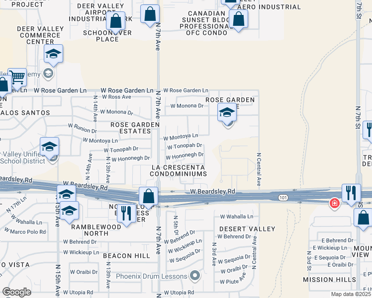 map of restaurants, bars, coffee shops, grocery stores, and more near 501 West Tonopah Drive in Phoenix