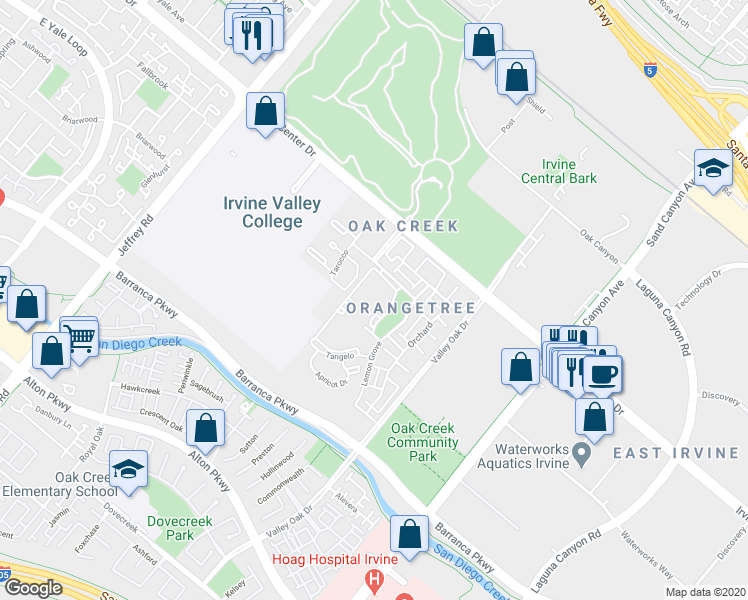 map of restaurants, bars, coffee shops, grocery stores, and more near 46 Orange Blossom in Irvine