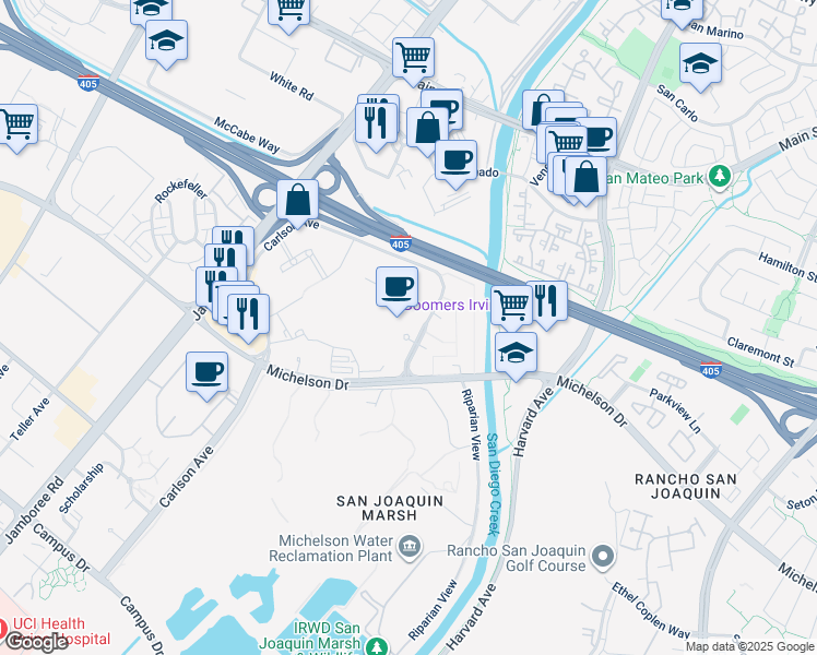 map of restaurants, bars, coffee shops, grocery stores, and more near 3351 Michelson Drive in Irvine