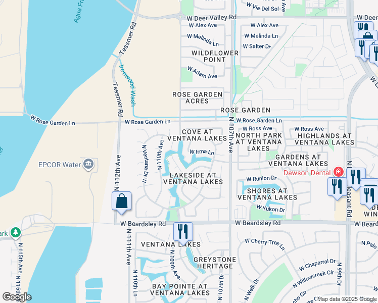 map of restaurants, bars, coffee shops, grocery stores, and more near 10998 West Irma Lane in Sun City