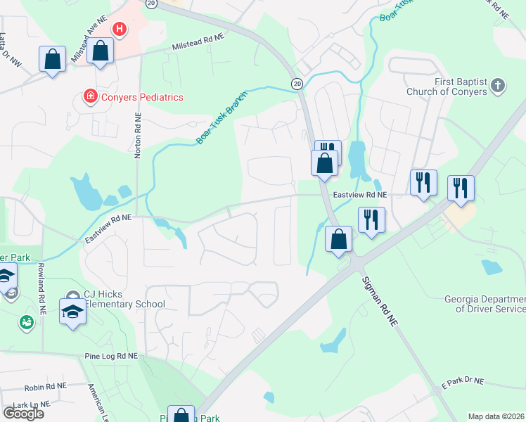 map of restaurants, bars, coffee shops, grocery stores, and more near 1480 Saint George Place in Conyers