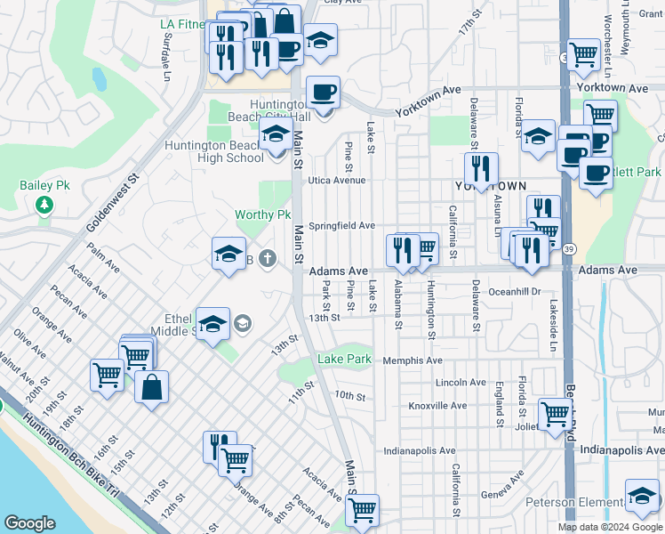map of restaurants, bars, coffee shops, grocery stores, and more near 1702 Park Street in Huntington Beach