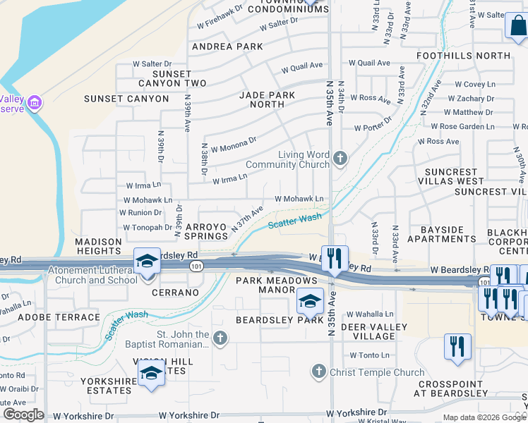 map of restaurants, bars, coffee shops, grocery stores, and more near 20459 North 37th Avenue in Glendale