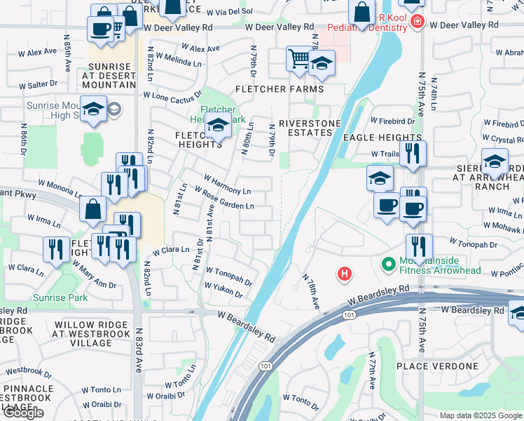 map of restaurants, bars, coffee shops, grocery stores, and more near 7919 West Rose Garden Lane in Peoria