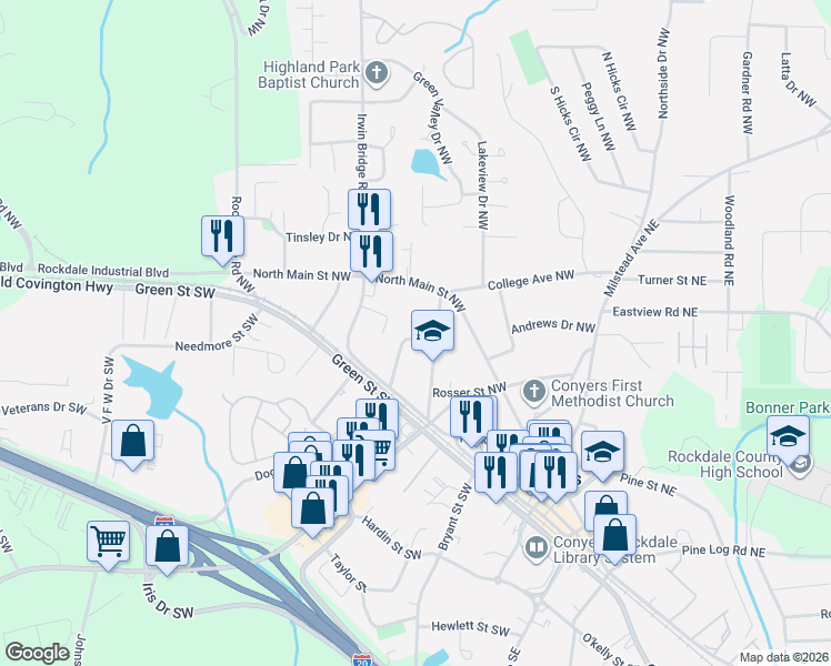 map of restaurants, bars, coffee shops, grocery stores, and more near 1086 Barton Street Northwest in Conyers