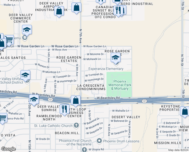 map of restaurants, bars, coffee shops, grocery stores, and more near 501 West Tonopah Drive in Phoenix
