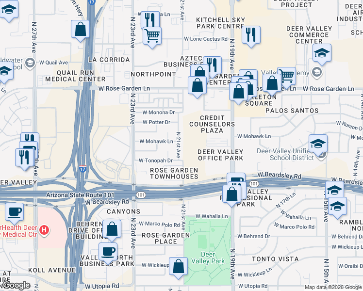 map of restaurants, bars, coffee shops, grocery stores, and more near 20431 North 21st Avenue in Phoenix