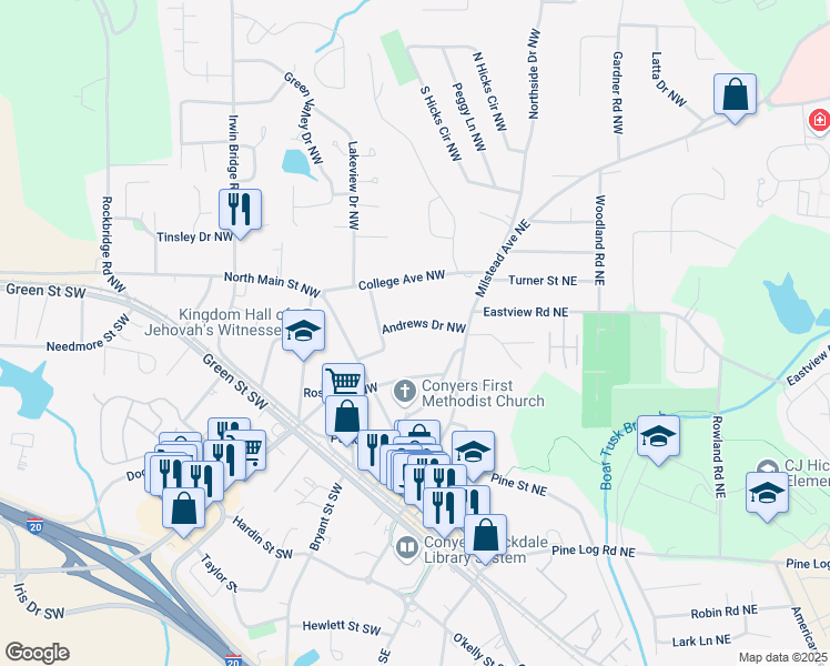 map of restaurants, bars, coffee shops, grocery stores, and more near 902 Andrews Drive Northwest in Conyers