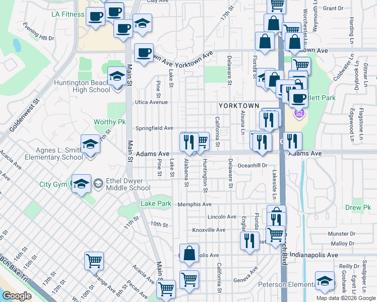 map of restaurants, bars, coffee shops, grocery stores, and more near 201 Adams Avenue in Huntington Beach