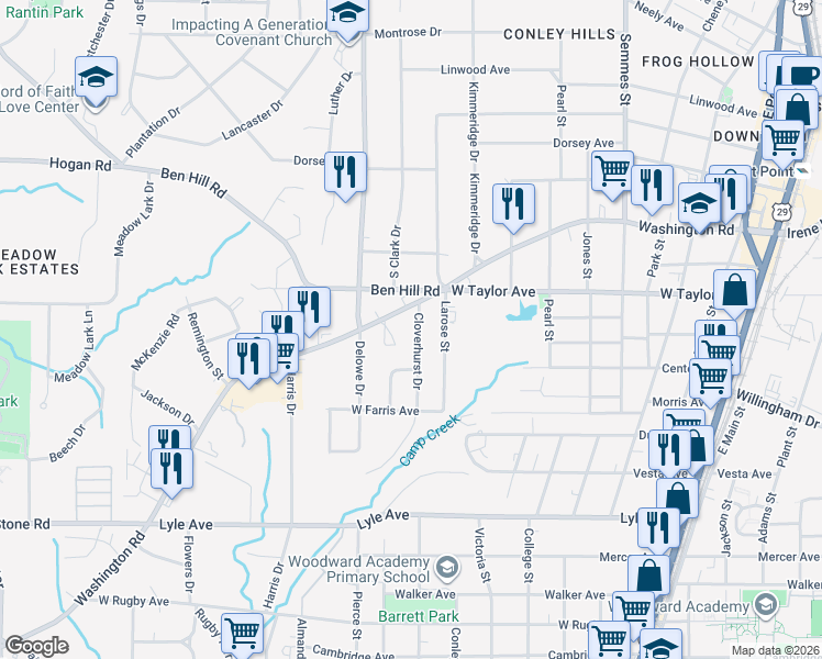 map of restaurants, bars, coffee shops, grocery stores, and more near 3067 Cloverhurst Drive in East Point