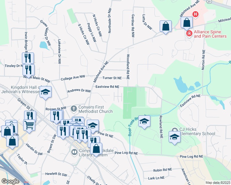 map of restaurants, bars, coffee shops, grocery stores, and more near 1098 Eastview Circle Northeast in Conyers
