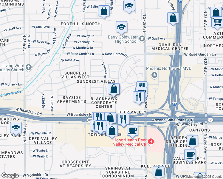 map of restaurants, bars, coffee shops, grocery stores, and more near 20400 North 29th Avenue in Phoenix