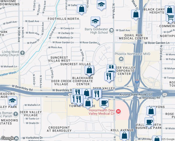 map of restaurants, bars, coffee shops, grocery stores, and more near 20400 North 29th Avenue in Phoenix