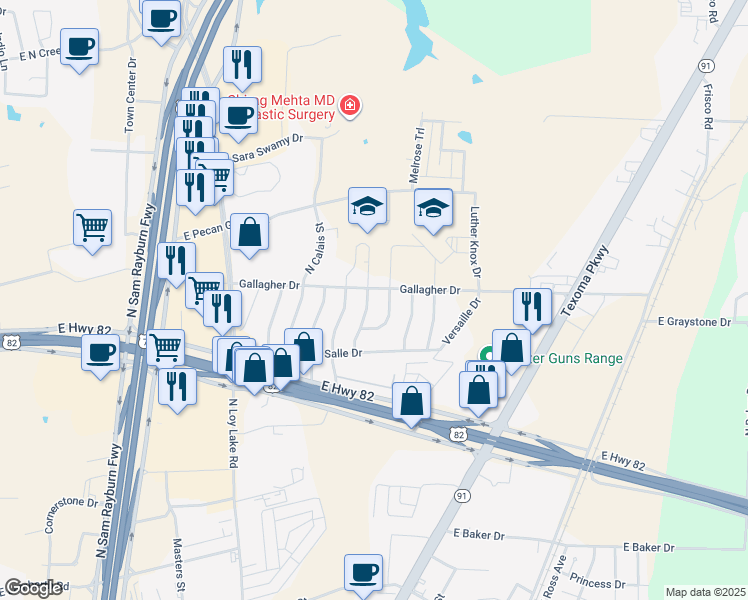 map of restaurants, bars, coffee shops, grocery stores, and more near 3210 Marseille Street in Sherman
