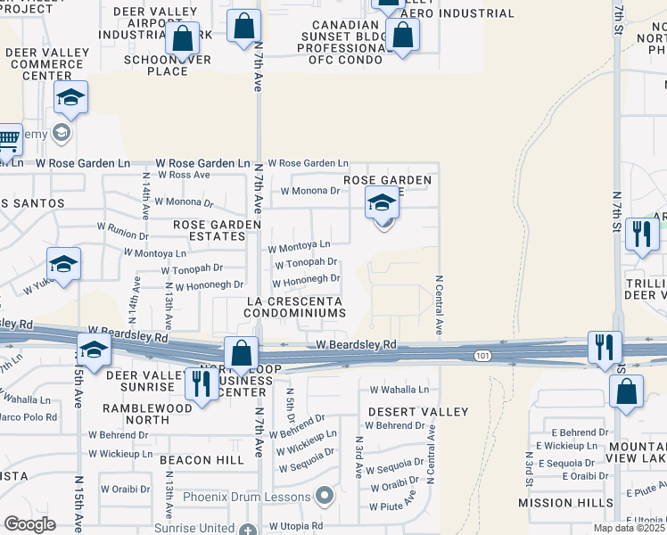 map of restaurants, bars, coffee shops, grocery stores, and more near 502 West Hononegh Drive in Phoenix