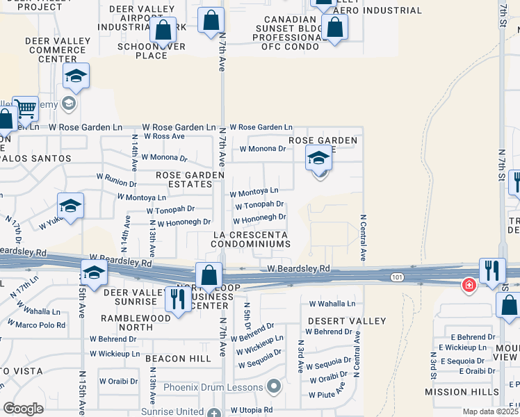 map of restaurants, bars, coffee shops, grocery stores, and more near 502 West Hononegh Drive in Phoenix