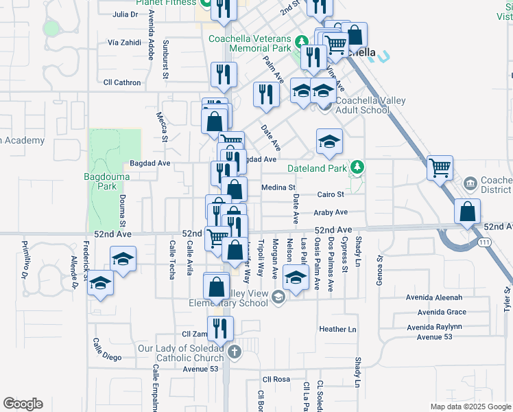 map of restaurants, bars, coffee shops, grocery stores, and more near 85215 Araby Avenue in Coachella