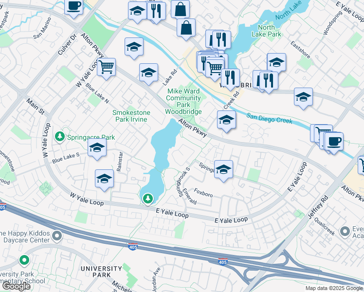 map of restaurants, bars, coffee shops, grocery stores, and more near 1 Willowlake in Irvine