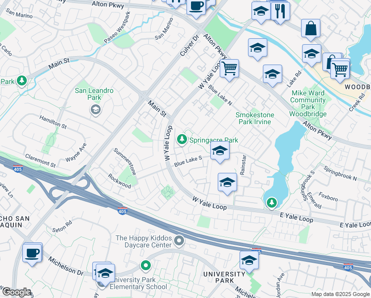 map of restaurants, bars, coffee shops, grocery stores, and more near 34 Springacre in Irvine