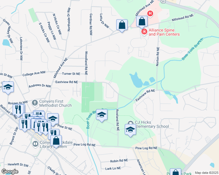 map of restaurants, bars, coffee shops, grocery stores, and more near 1207 Eastview Road Northeast in Conyers