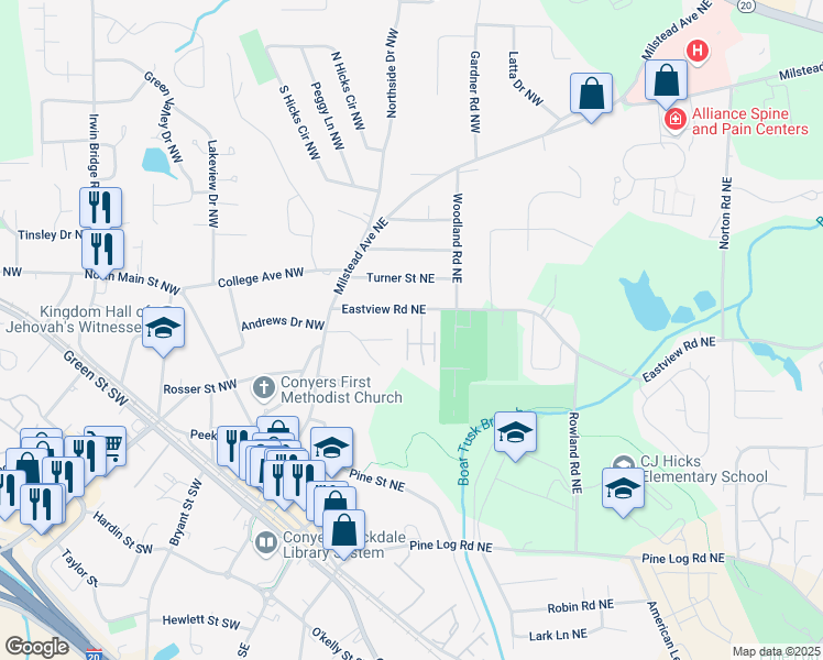 map of restaurants, bars, coffee shops, grocery stores, and more near 1098 Eastview Circle Northeast in Conyers