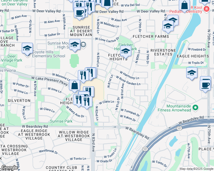 map of restaurants, bars, coffee shops, grocery stores, and more near 20958 North 81st Lane in Peoria
