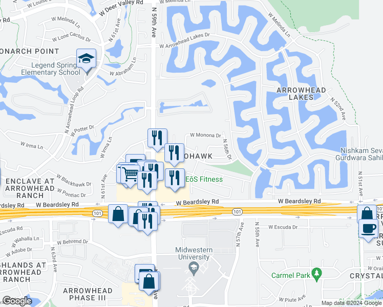 map of restaurants, bars, coffee shops, grocery stores, and more near 5737 West Irma Lane in Glendale