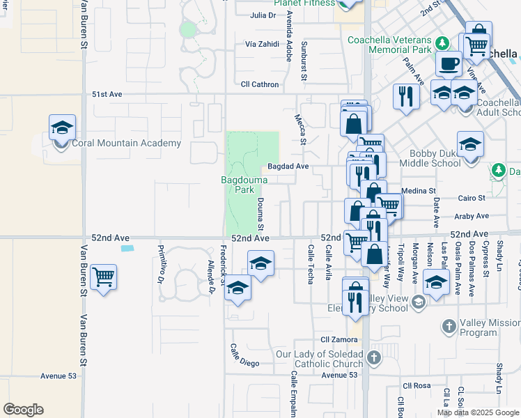 map of restaurants, bars, coffee shops, grocery stores, and more near Douma Street in Coachella