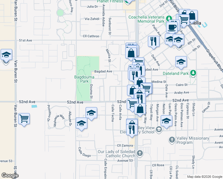 map of restaurants, bars, coffee shops, grocery stores, and more near 51854 Calle Empalme in Coachella