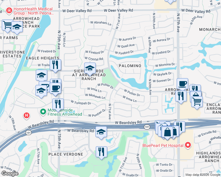 map of restaurants, bars, coffee shops, grocery stores, and more near 7156 West Irma Lane in Glendale