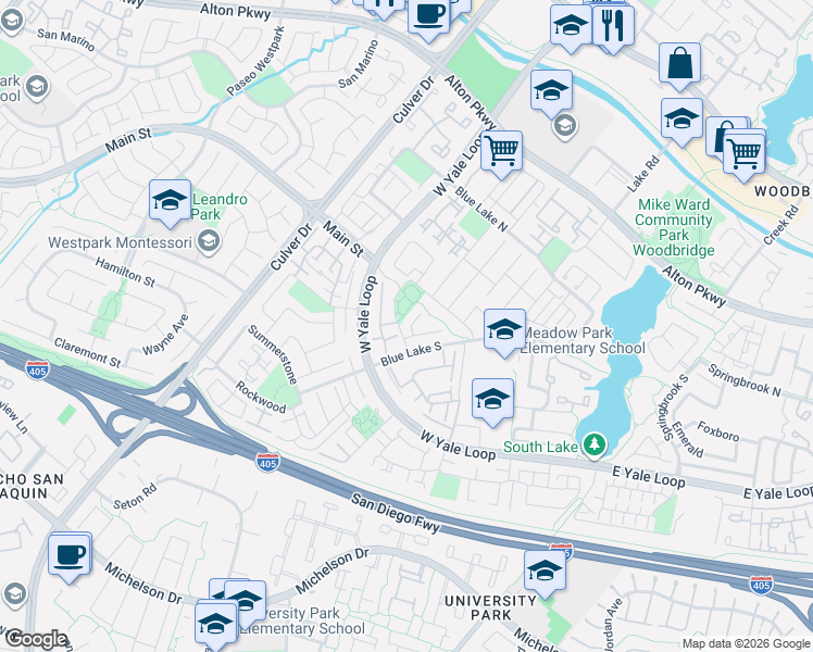 map of restaurants, bars, coffee shops, grocery stores, and more near 34 Springacre in Irvine