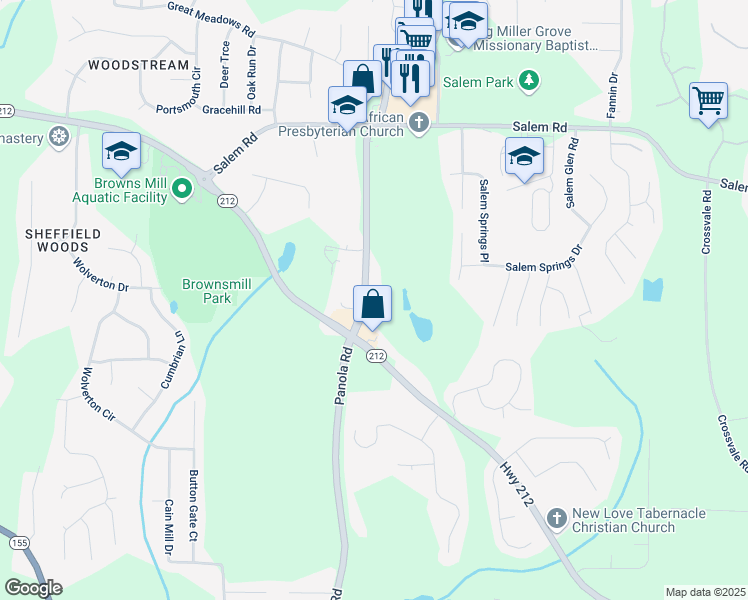 map of restaurants, bars, coffee shops, grocery stores, and more near 3834 Panola Road in Stonecrest