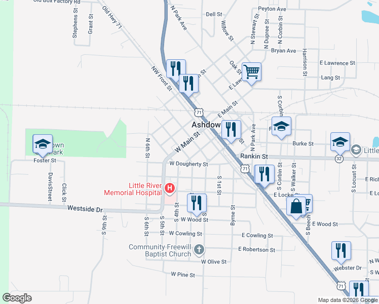 map of restaurants, bars, coffee shops, grocery stores, and more near 390 West Main Street in Ashdown