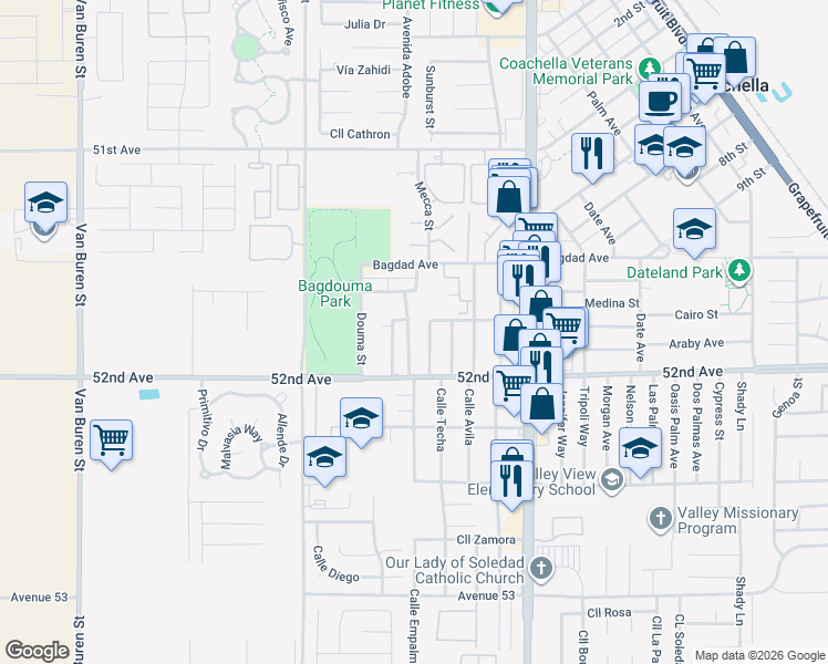 map of restaurants, bars, coffee shops, grocery stores, and more near 51792 Calle Torres Orduno in Coachella