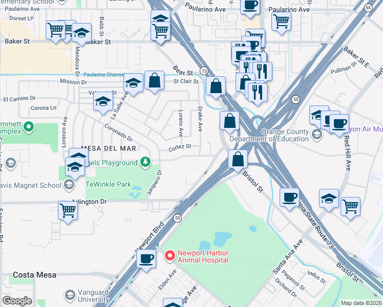 map of restaurants, bars, coffee shops, grocery stores, and more near 809 Presidio Drive in Costa Mesa