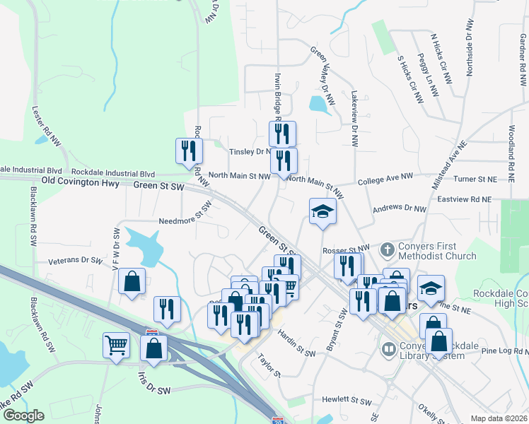 map of restaurants, bars, coffee shops, grocery stores, and more near 980 Irwin Bridge Road Northwest in Conyers