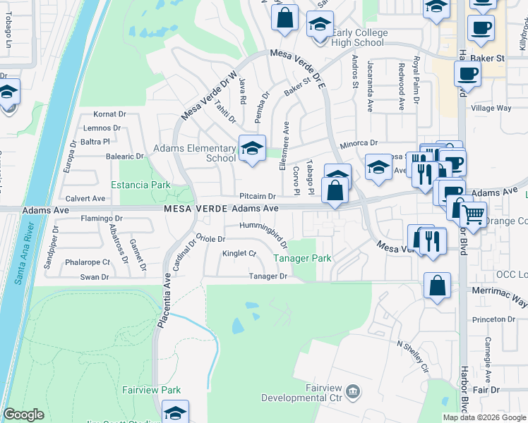 map of restaurants, bars, coffee shops, grocery stores, and more near 2798 Redwing Circle in Costa Mesa