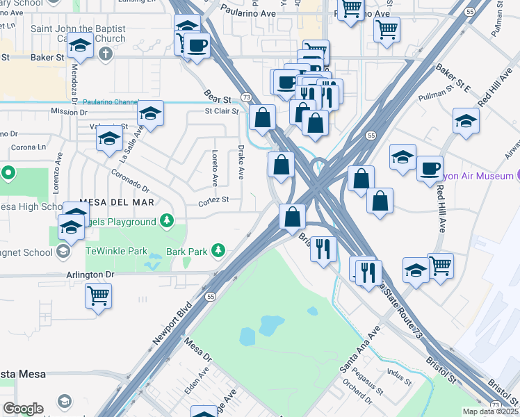 map of restaurants, bars, coffee shops, grocery stores, and more near 2702 San Lucas Lane in Costa Mesa