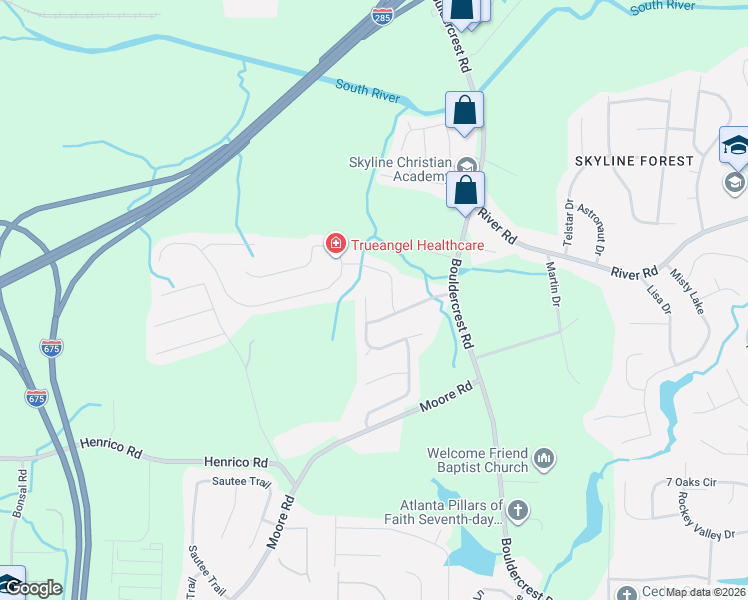 map of restaurants, bars, coffee shops, grocery stores, and more near 2216 Boulder Run Tr in Ellenwood