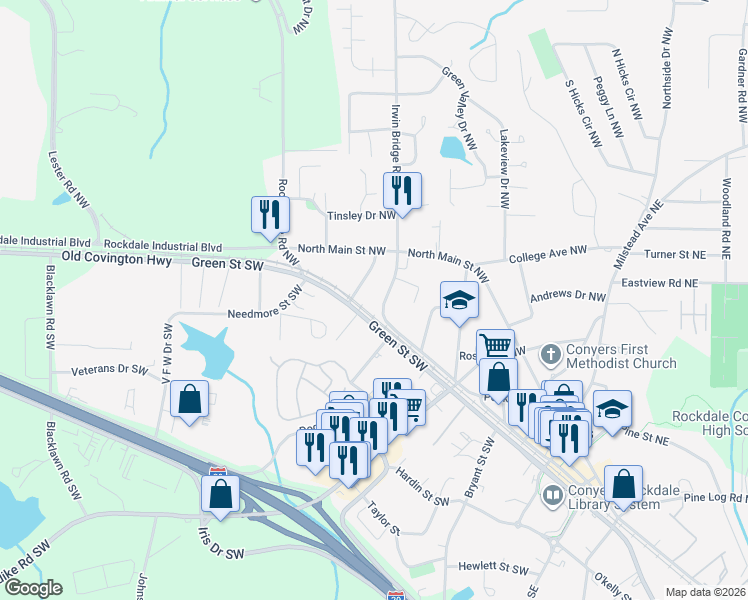 map of restaurants, bars, coffee shops, grocery stores, and more near 980 Irwin Bridge Road Northwest in Conyers