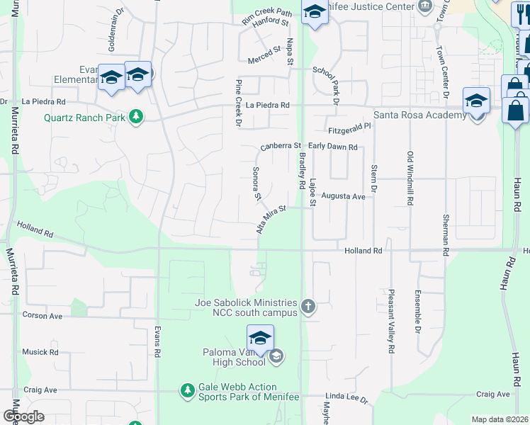 map of restaurants, bars, coffee shops, grocery stores, and more near 26876 Alta Mira Street in Menifee