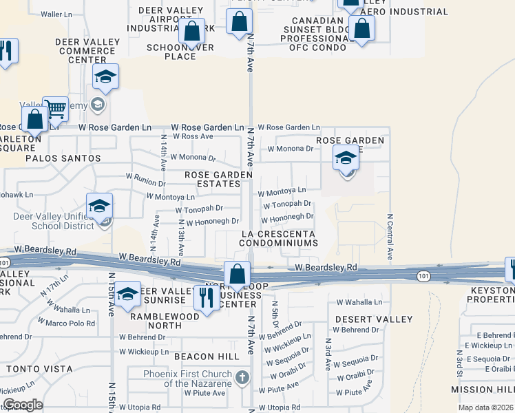 map of restaurants, bars, coffee shops, grocery stores, and more near 20413 North 8th Avenue in Phoenix