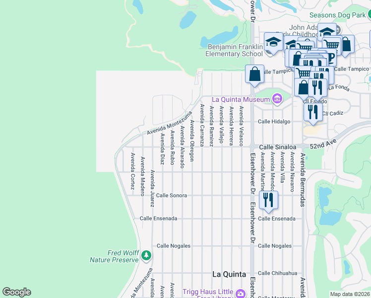 map of restaurants, bars, coffee shops, grocery stores, and more near 51835 Avenue Alvarado in La Quinta