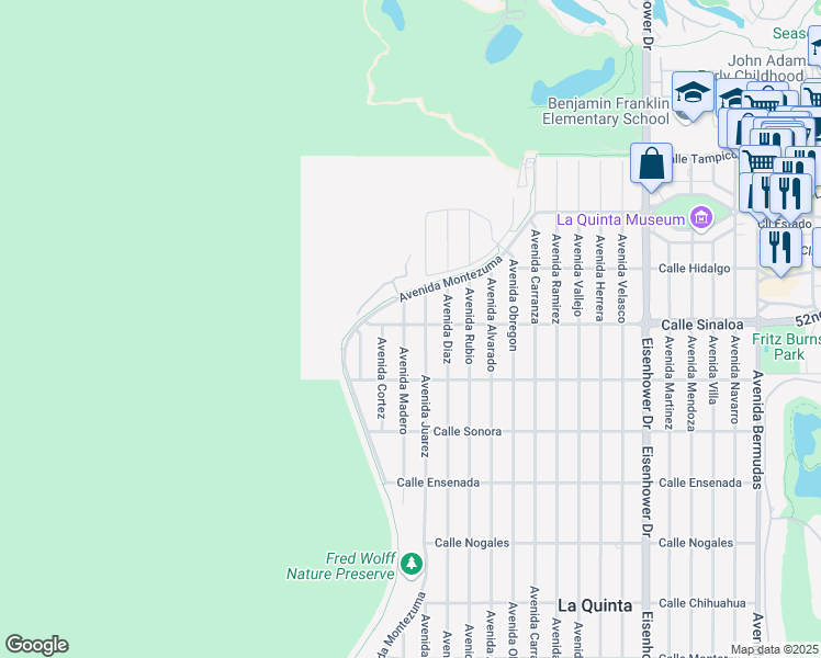 map of restaurants, bars, coffee shops, grocery stores, and more near 51815 Avenue Madero in La Quinta