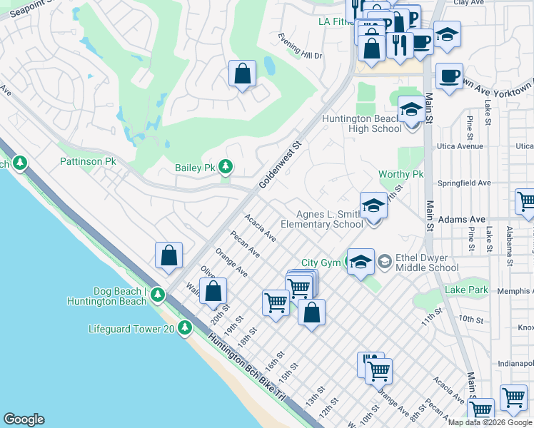 map of restaurants, bars, coffee shops, grocery stores, and more near 620 22nd Street in Huntington Beach