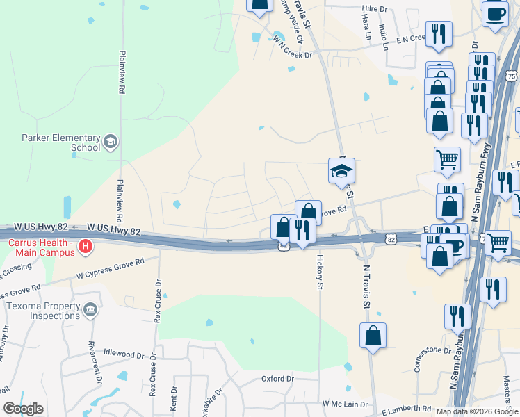 map of restaurants, bars, coffee shops, grocery stores, and more near Pecan Grove Road in Sherman